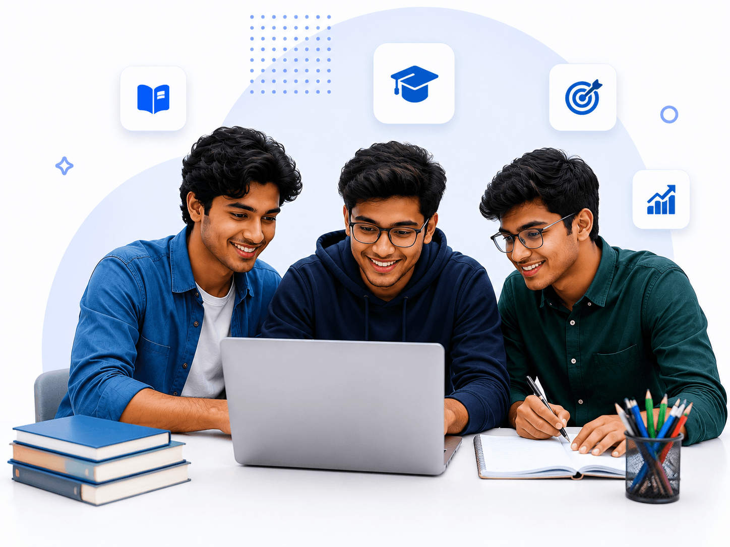 Students studying together with laptops, books, and notes